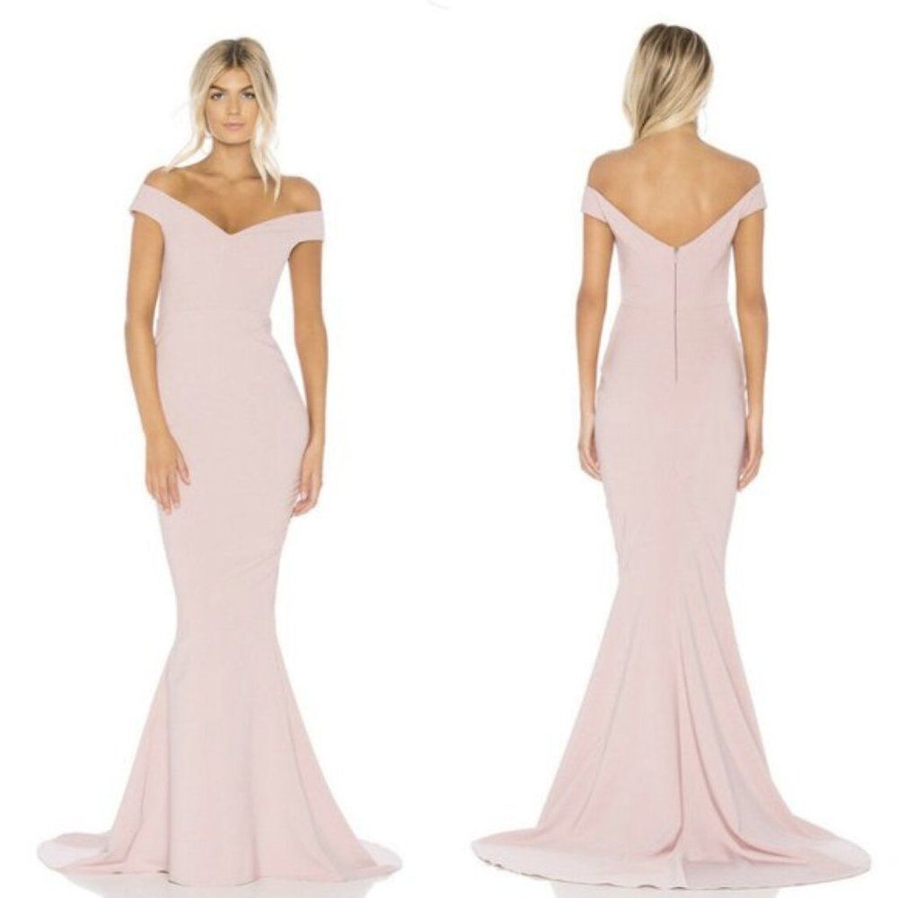 Nookie dusty rose blush pink Allure off shoulder train formal maxi dress gown